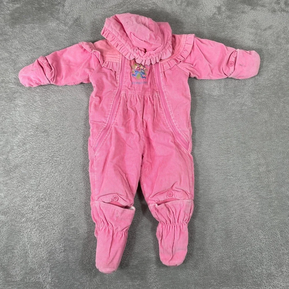 OshKosh Corduroy Snowsuit Baby 12M Pink Floral Hooded Bunting Vintage‎ 90s